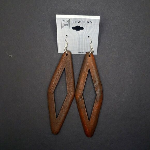 Brown Wood Diamond Shape Boho Earrings Long hollowed Earrings - Picture 1 of 1